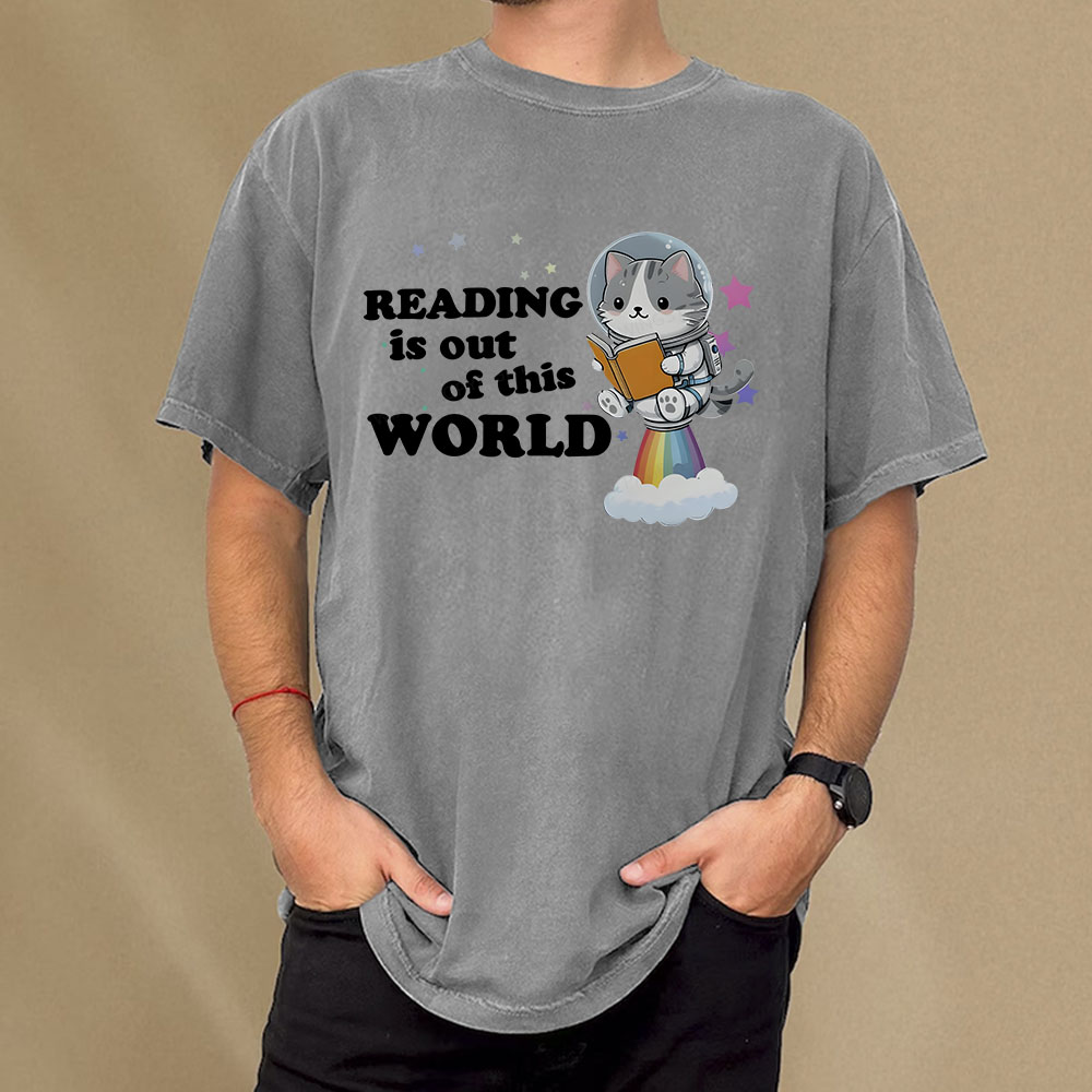 Pagewings Cat Reading in Space Unisex Washed T-shirt