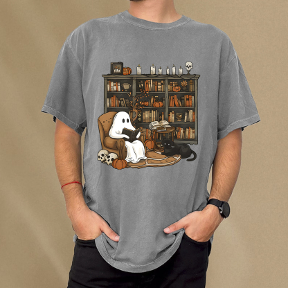 Pagewings Halloween Ghost Reading Books Unisex Washed T-shirt