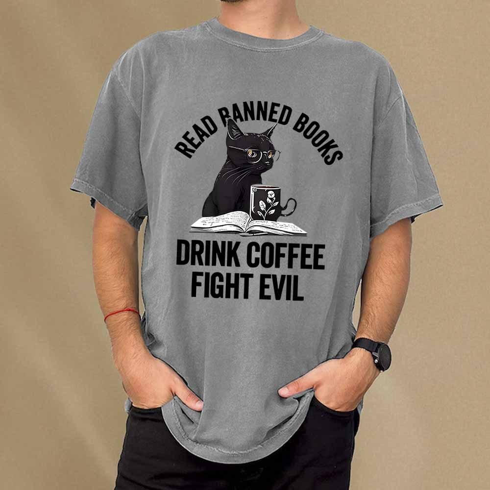 Pagewings Read Books Drink Coffee Fight Evil Shirt Unisex Washed T-shirt