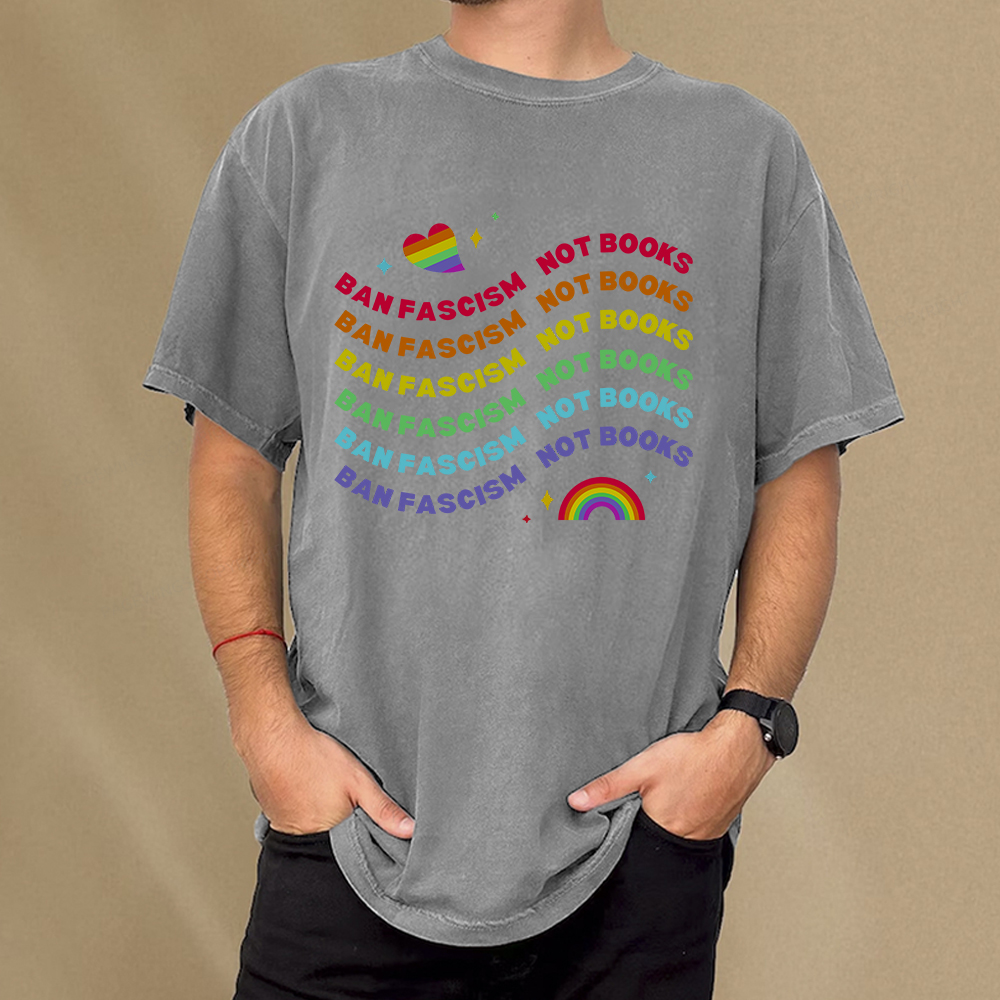 Pagewings Ban Fascism Not Books Rainbow Unisex Washed T-shirt
