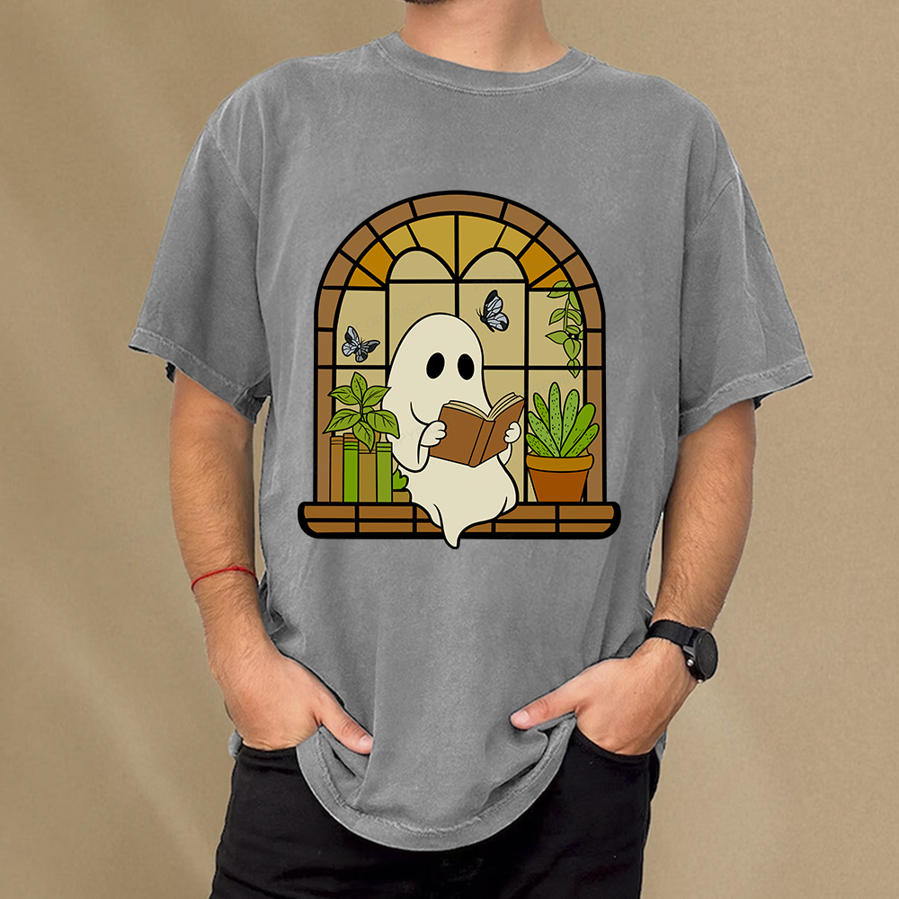 Pagewings Ghost Reading Book Halloween Unisex Washed T-shirt
