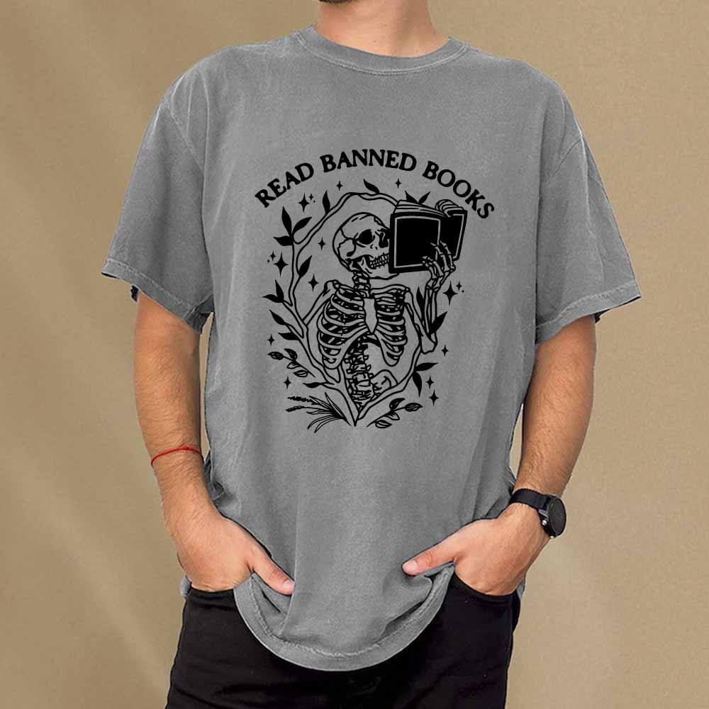 Pagewings Read Banned Books Skeleton Halloween Goth Protest T-Shirt Unisex Washed T-shirt