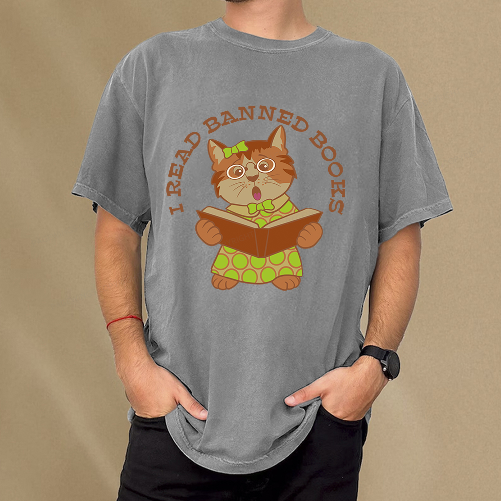 Pagewings I Read Banned Books Kitten Unisex Washed T-shirt