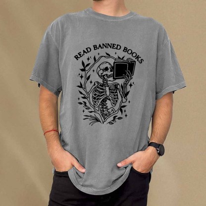 Pagewings Read Banned Books Skeleton Halloween Goth Protest T-Shirt Unisex Washed T-shirt