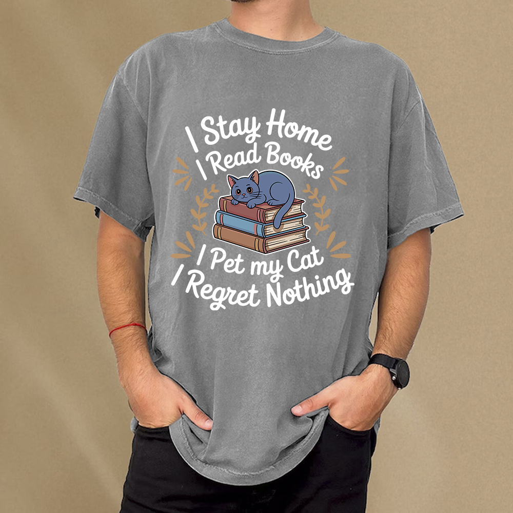 Pagewings I Stay Home I Read Books I Pet My Cat Unisex Washed T-shirt