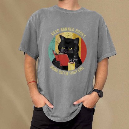 Pagewings Read Banned Books Drink Coffee Fight Evil Retro Cat Lovers T-Shirt Unisex Washed T-shirt