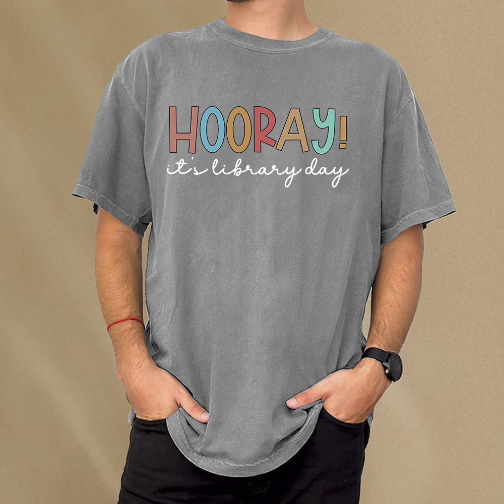 Pagewings Hooray It's Library Day Unisex Washed T-shirt