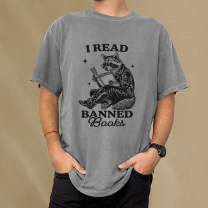 Pagewings I Read Banned Books Raccoon Reading Unisex Washed T-shirt