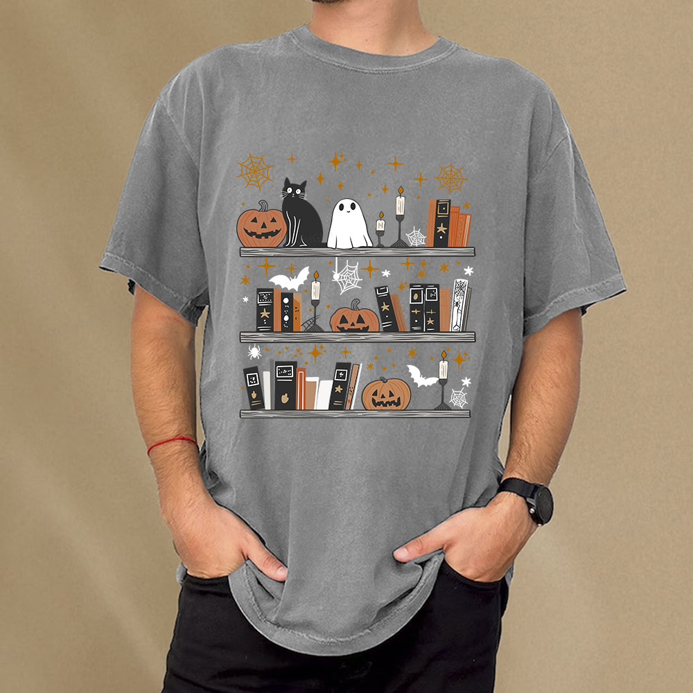 Pagewings Halloween Book Shelf Summerween Unisex Washed T-shirt