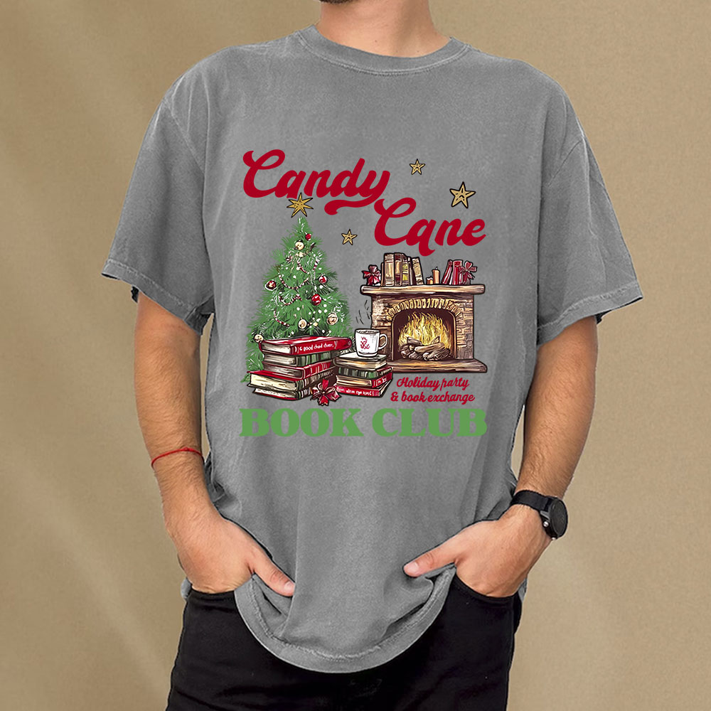 Pagewings Candy Cane Christmas Book Club Unisex Washed T-shirt
