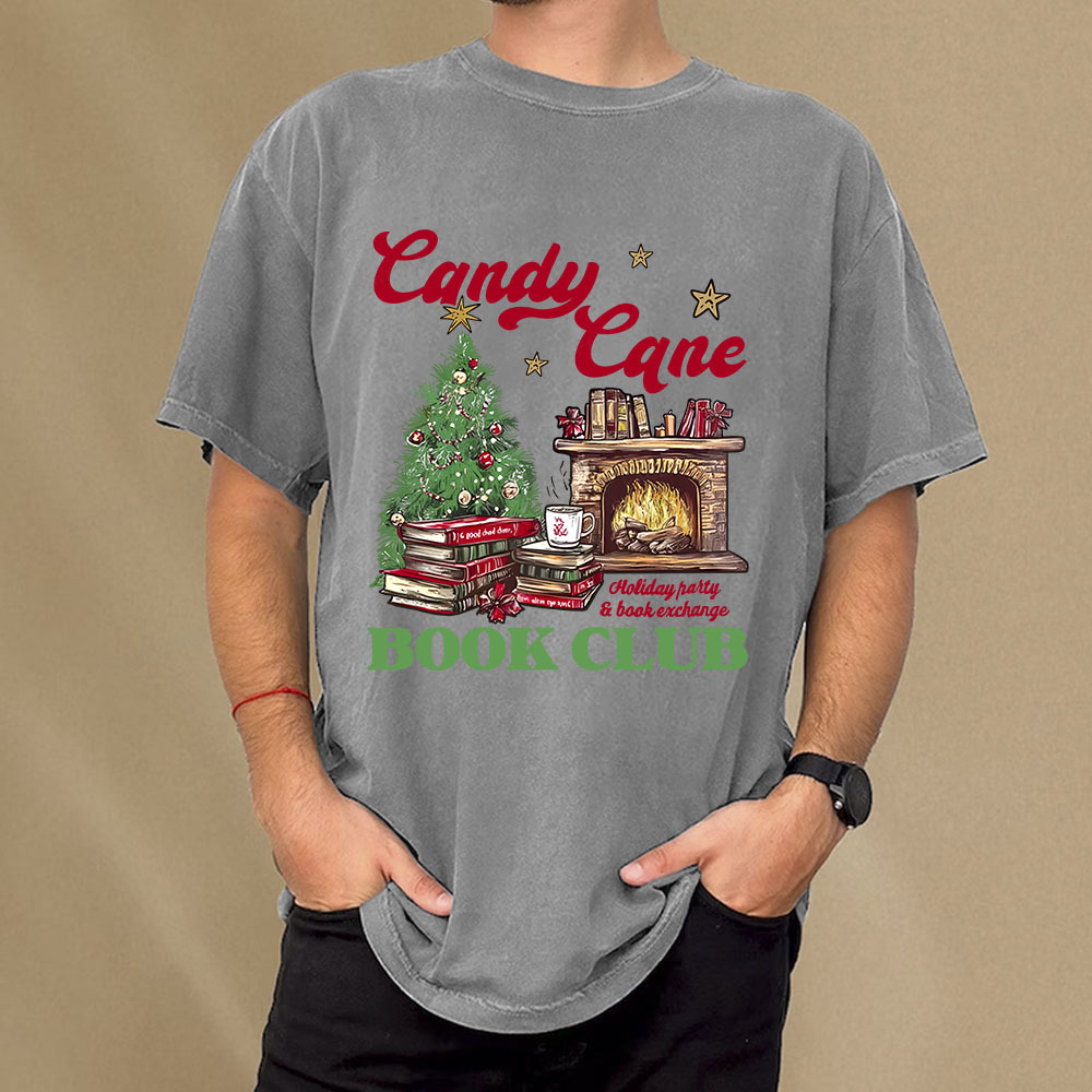 Pagewings Candy Cane Christmas Book Club Unisex Washed T-shirt