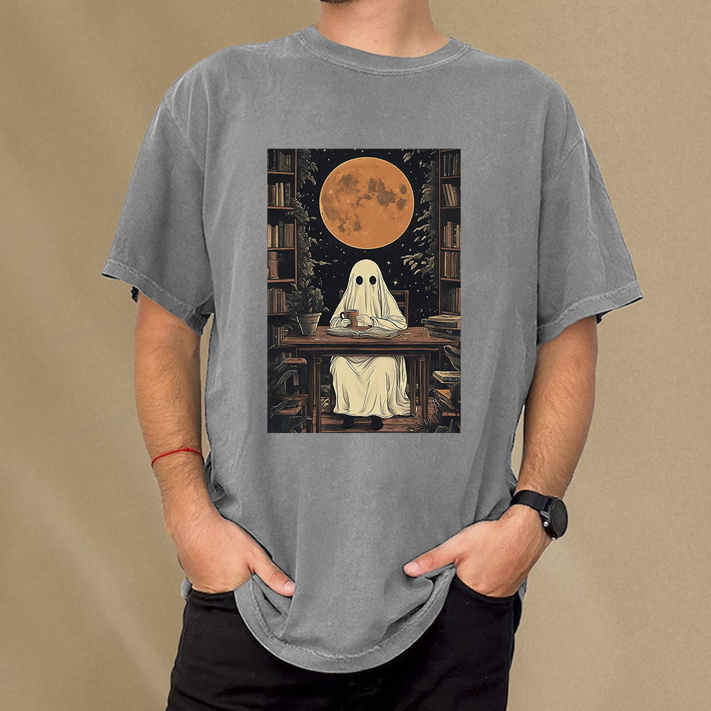 Pagewings Halloween Ghost Books Coffee  Unisex Washed T-shirt