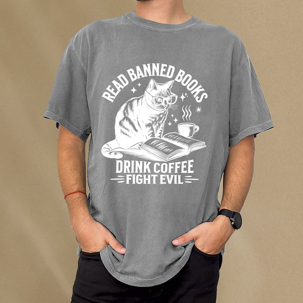 Pagewings Read Banned Books Drink Coffee Fight Evil Unisex Washed T-shirt