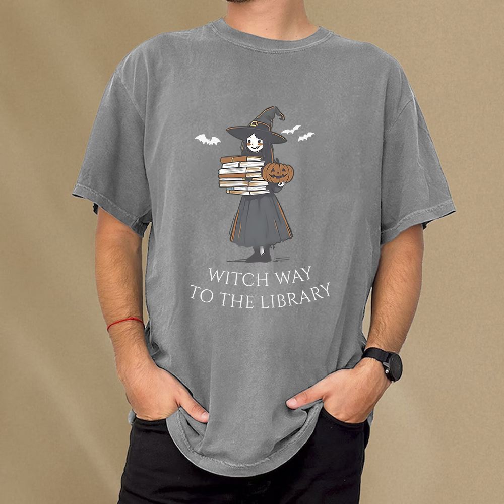 Pagewings Witch Way To The Library Halloween Unisex Washed T-shirt