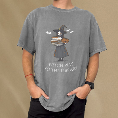 Pagewings Witch Way To The Library Halloween Unisex Washed T-shirt