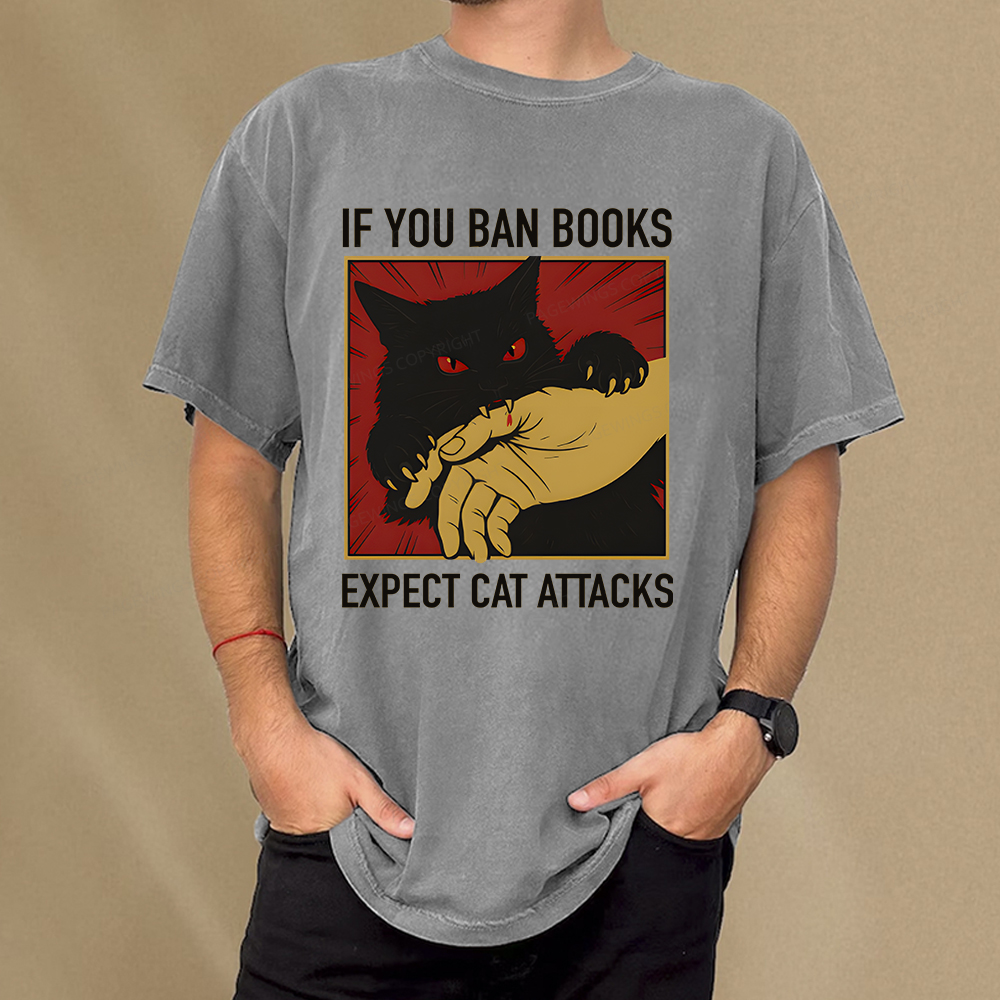 Pagewings If You Ban Books Expect Cat Attacks Unisex Washed T-shirt