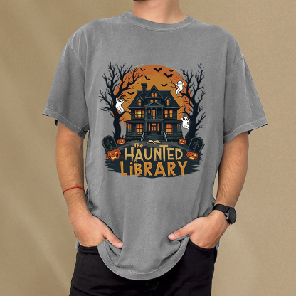 Pagewings Haunted Library Halloween Unisex Washed T-shirt