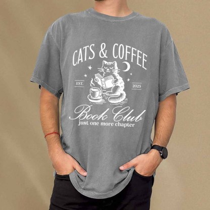 Pagewings Cats and Coffee Bookclub Unisex Washed T-shirt