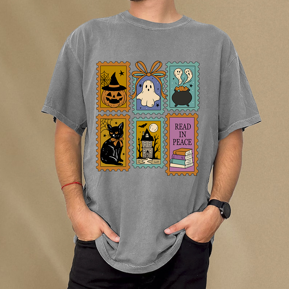 Pagewings Halloween Cute Ghost Pumpkin Cat Unisex Washed T-shirt