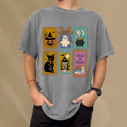 Pagewings Halloween Cute Ghost Pumpkin Cat Unisex Washed T-shirt