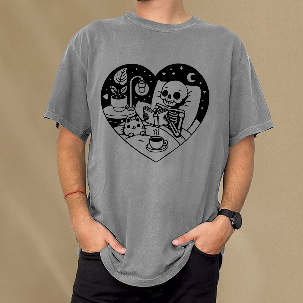 Pagewings Reading Skeleton and Cat Unisex Washed T-shirt