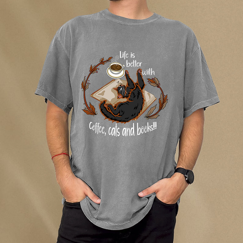 Pagewings Life Is Better With Coffee Cats And Books Unisex Washed T-shirt