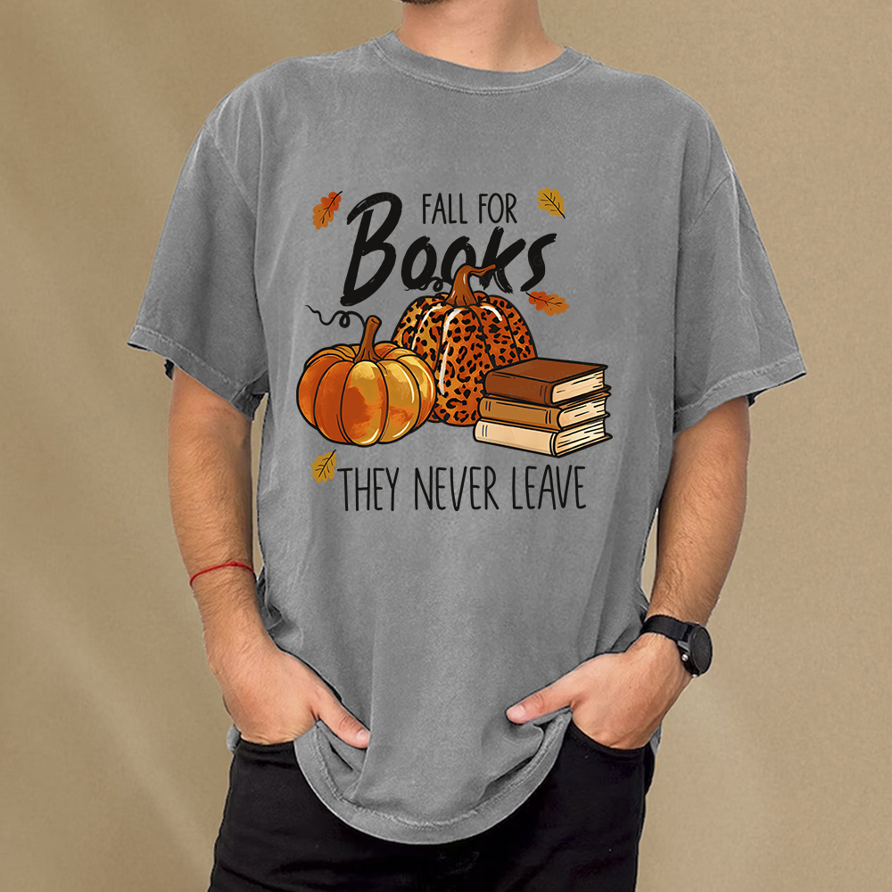 Pagewings Fall For Books He Never Leaves Unisex Washed T-shirt