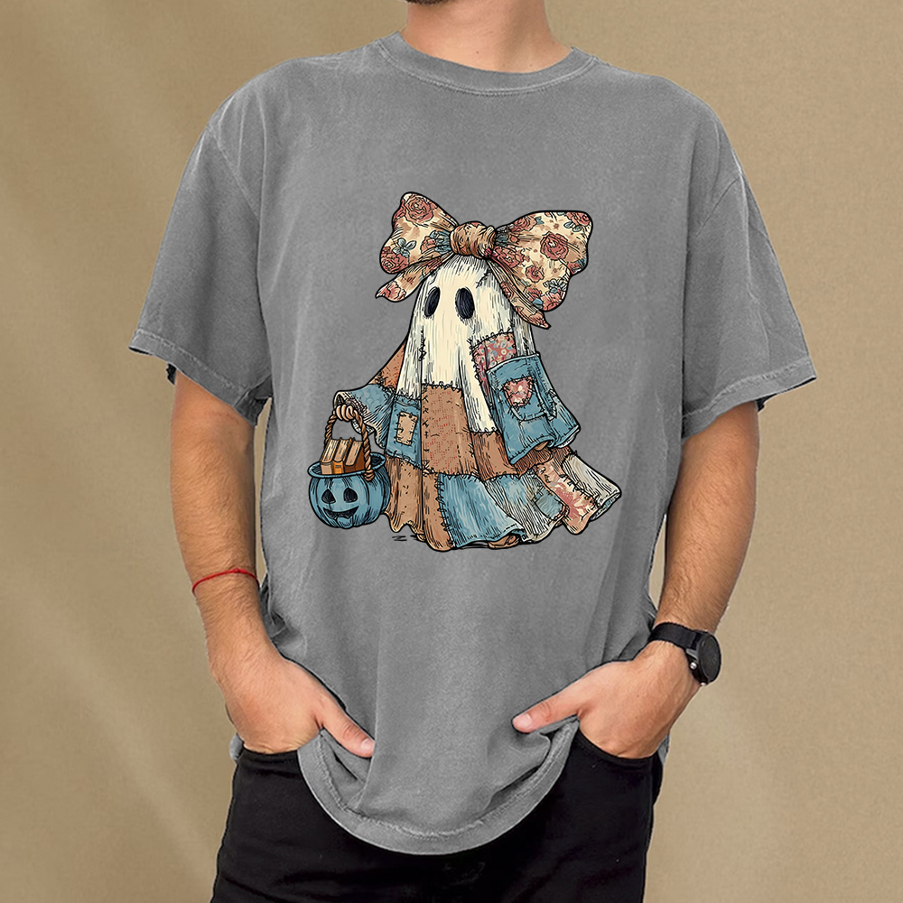 Pagewings Halloween Patchwork Spooky Ghost Buy Books Unisex Washed T-shirt