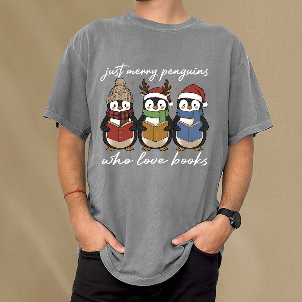 Pagewings Just Merry Penguins Who Love Books Unisex Washed T-shirt