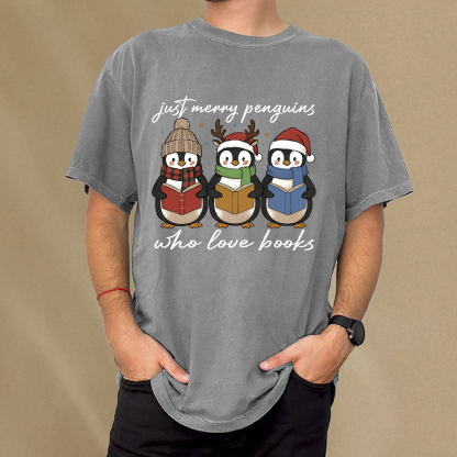Pagewings Just Merry Penguins Who Love Books Unisex Washed T-shirt