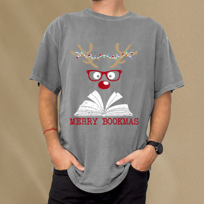 Pagewings Christmas Reindeer Reading Unisex Washed T-shirt