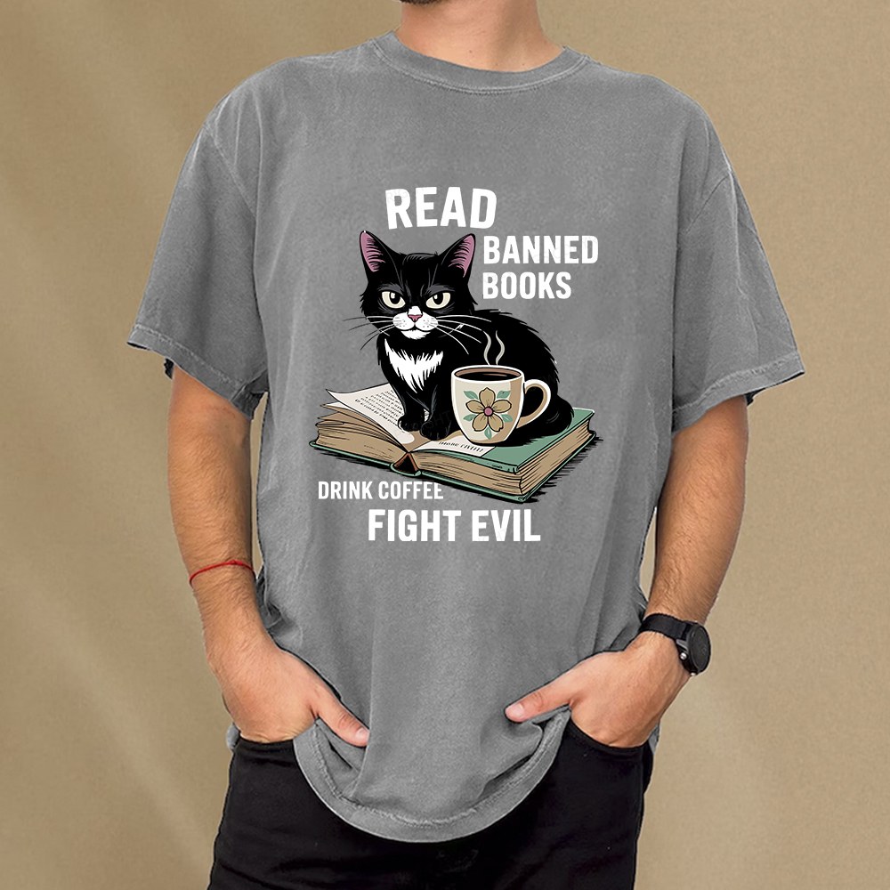 Pagewings Read Banned Books Drink Coffee Fight Evil Unisex Washed T-shirt