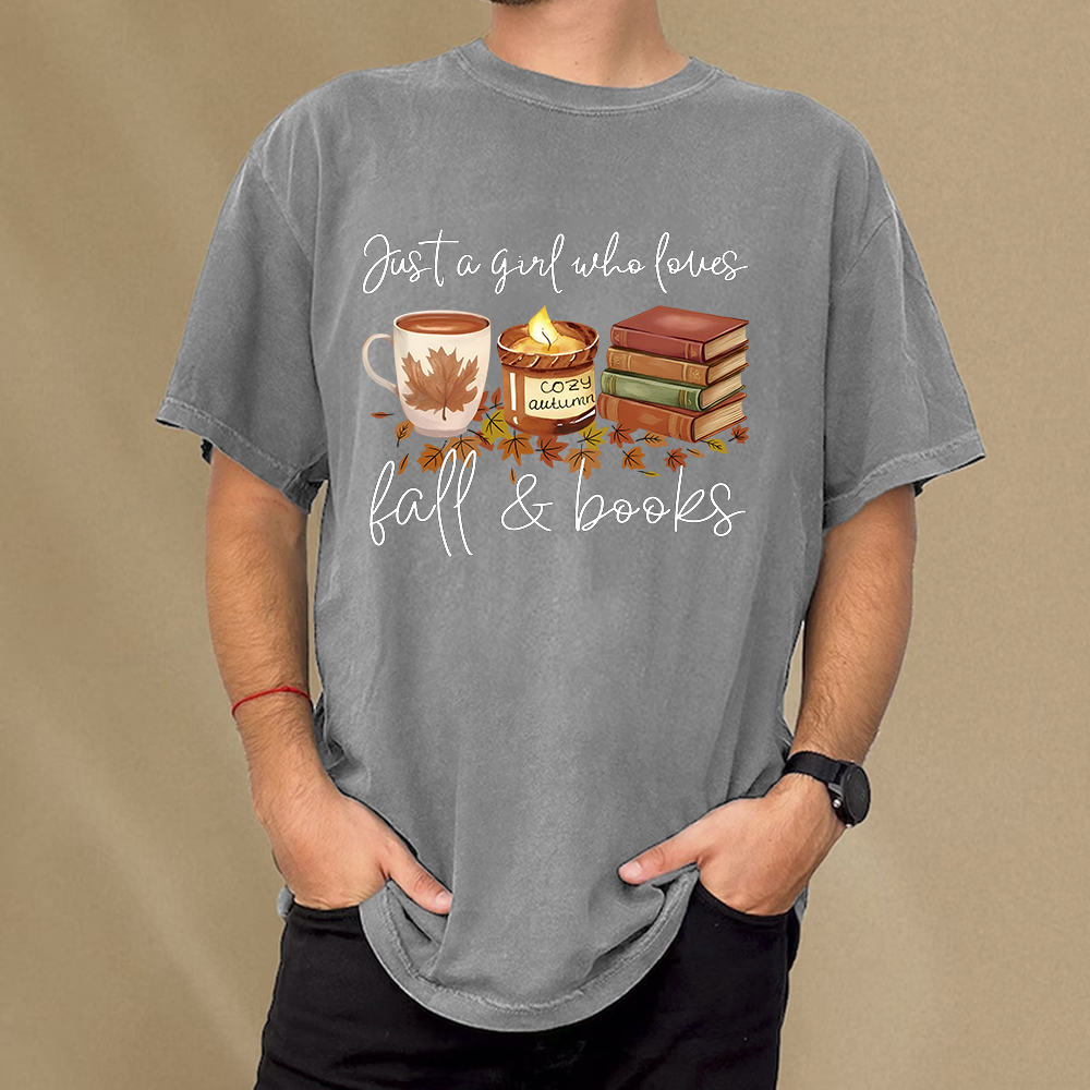 Pagewings Just A Girl Who Loves Fall&Books  Unisex Washed T-shirt