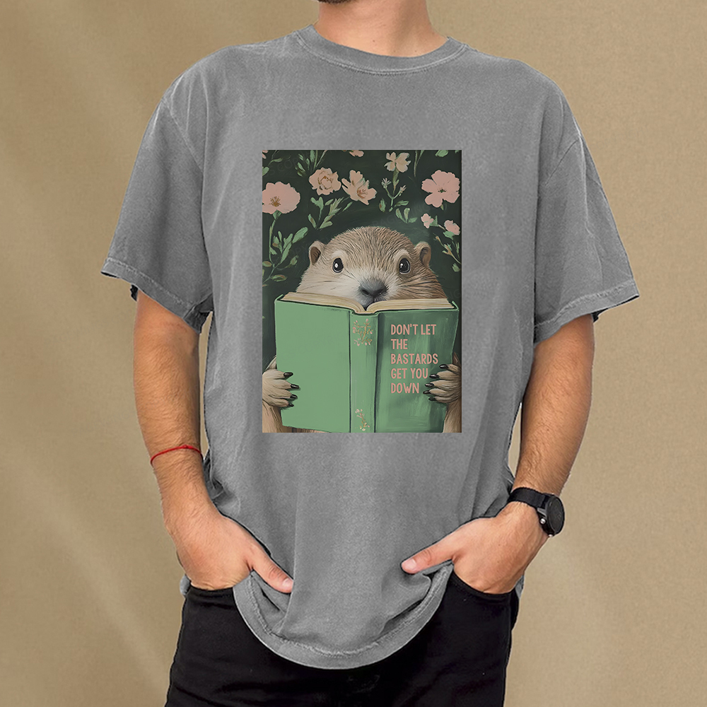 Pagewings Groundhog Reading Motivational Book Unisex Washed T-shirt