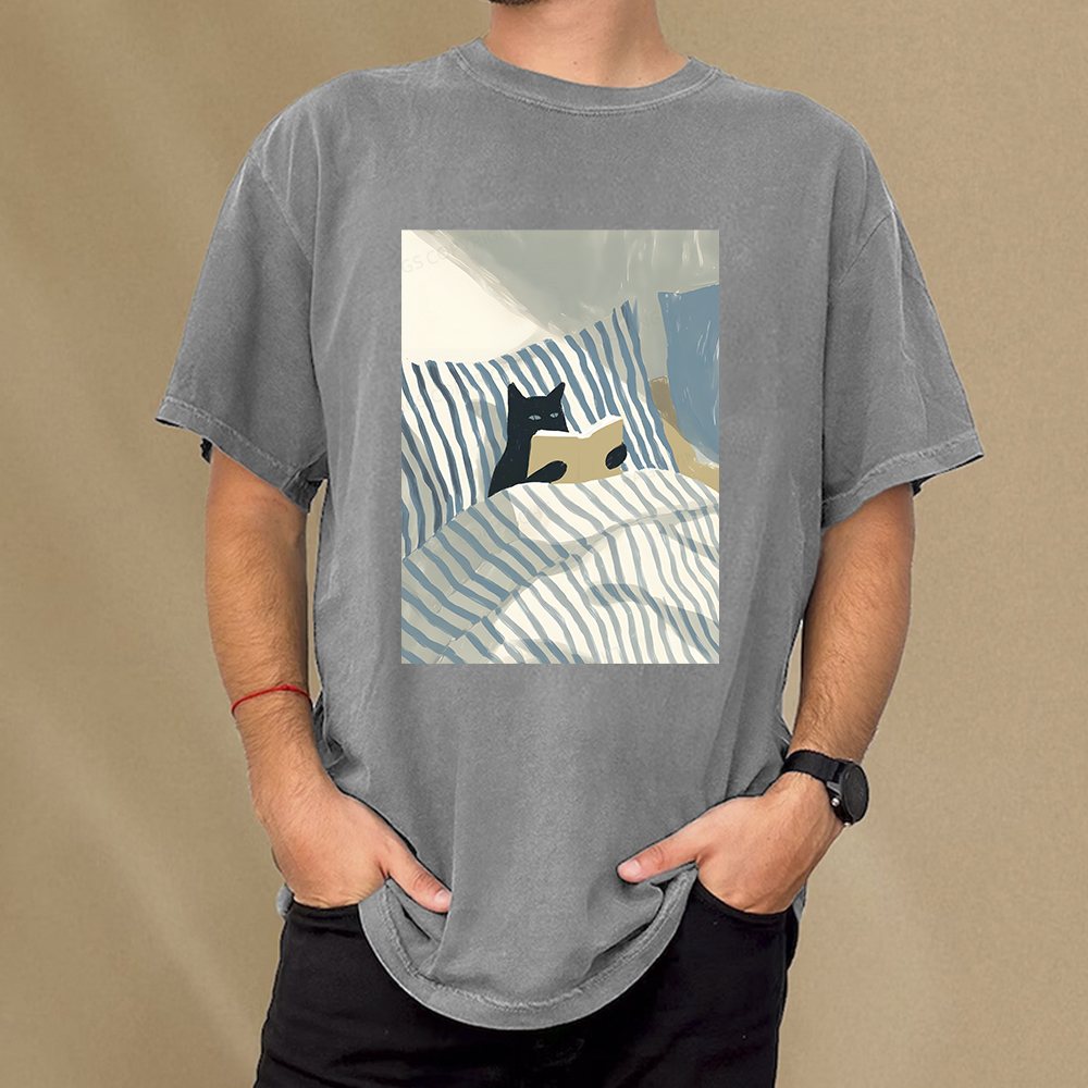 Pagewings Cat Reading Unisex Washed T-shirt