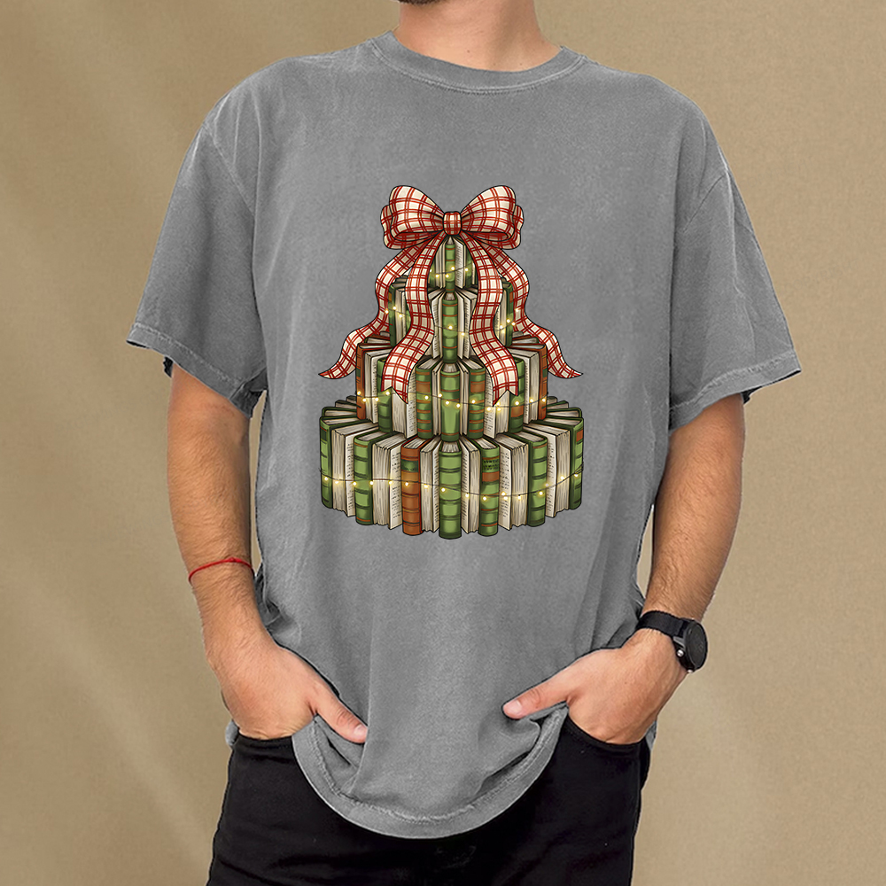 Pagewings Christmas Book Tree Unisex Washed T-shirt