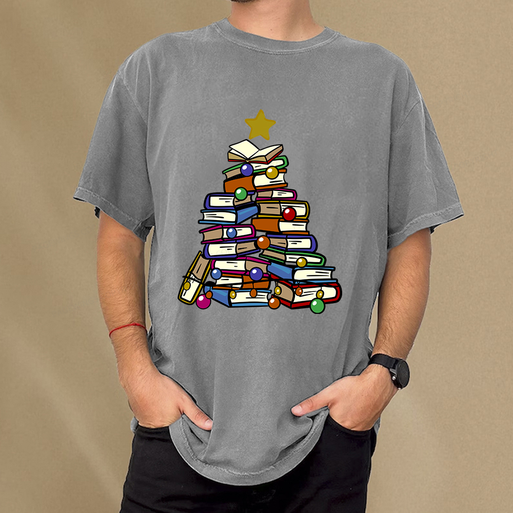 Pagewings Christmas Tree Bookworm Unisex Washed T-shirt
