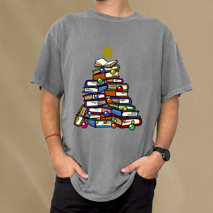 Pagewings Christmas Tree Bookworm Unisex Washed T-shirt