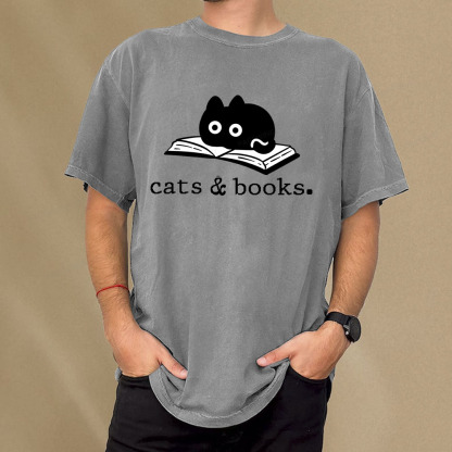Pagewings Cats and Books Unisex Washed T-shirt