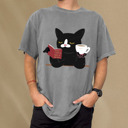 Pagewings A Cat Reading A Book While Drinking Coffee Unisex Washed T-shirt