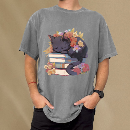 Pagewings Black Cat Sleeping on Books Unisex Washed T-shirt