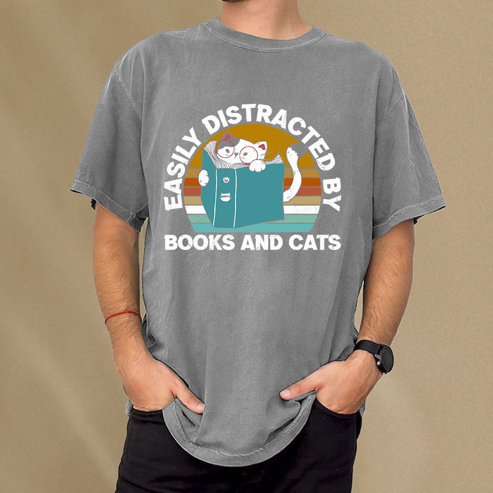Pagewings Easily Distracted By Books And Cats Unisex Washed T-shirt