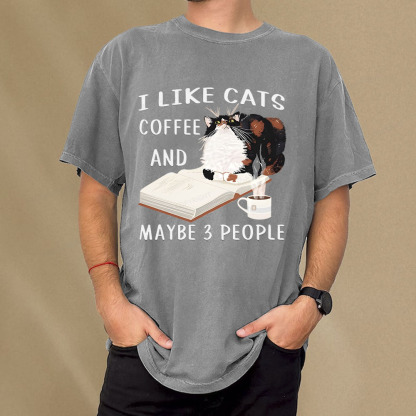 Pagewings I Like Cats Coffee And Maybe 3 People Unisex Washed T-shirt