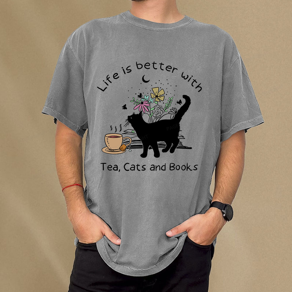 Pagewings Life Is Better With Tea Cats And Books Unisex Washed T-shirt