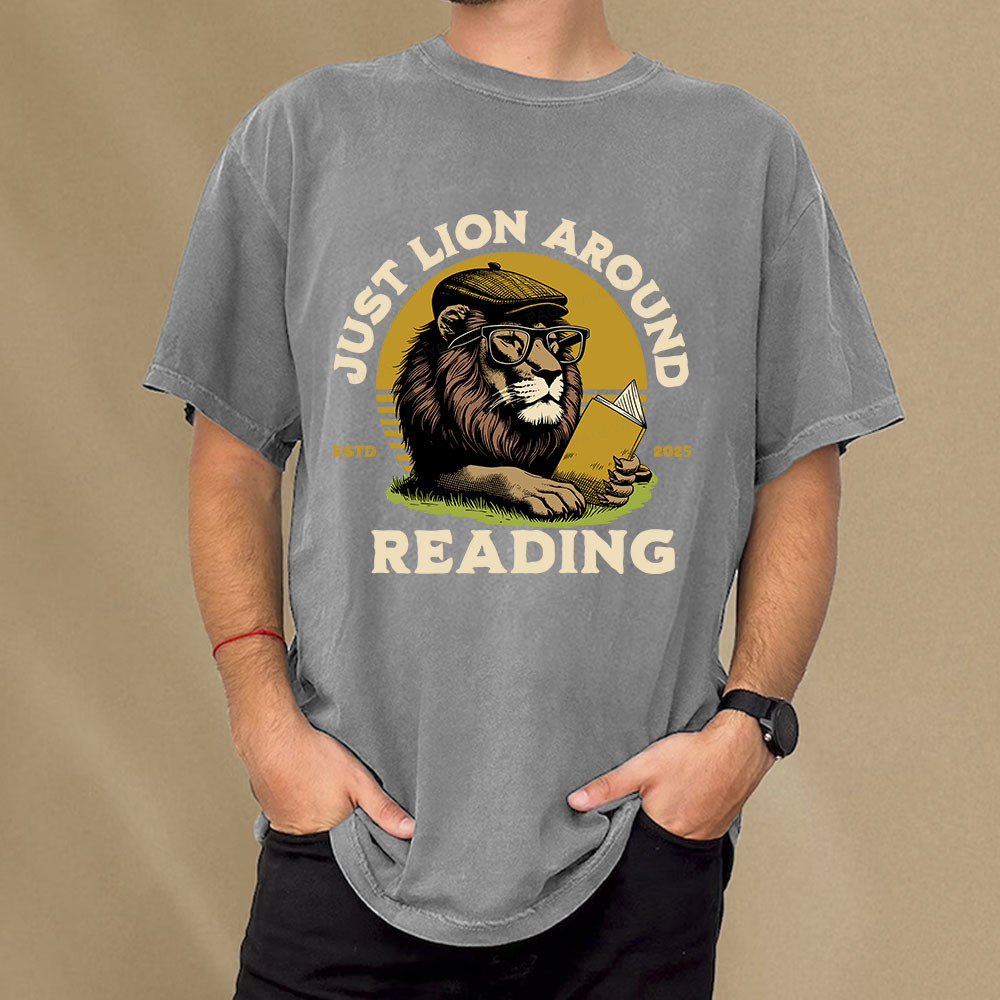 Pagewings Just Lion Around Reading Unisex Washed T-shirt