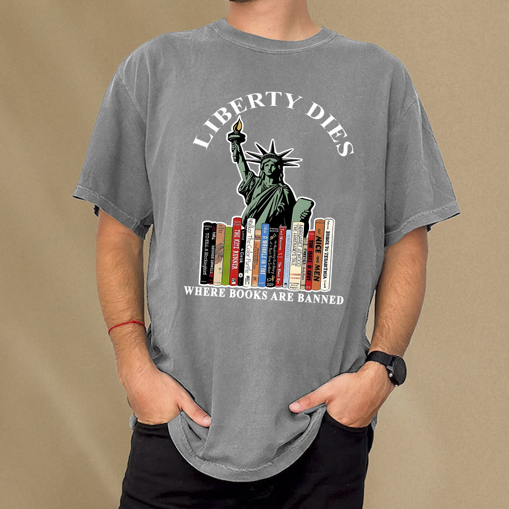 Pagewings Liberty Dies Where Books Are Banned T-Shirt Unisex Washed T-shirt