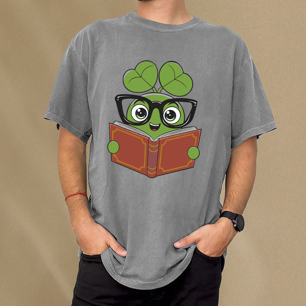 Pagewings Cute Reading Clover Tee Lucky Bookworm T-Shirt Unisex Washed T-shirt