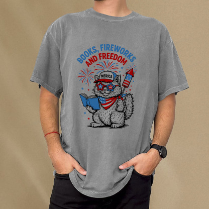 Pagewings Books Fireworks And Freedom Unisex Washed T-shirt