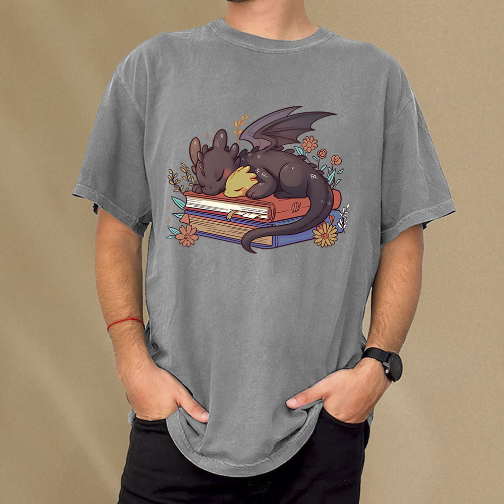 Pagewings Cute Book Dragon Unisex Washed T-shirt