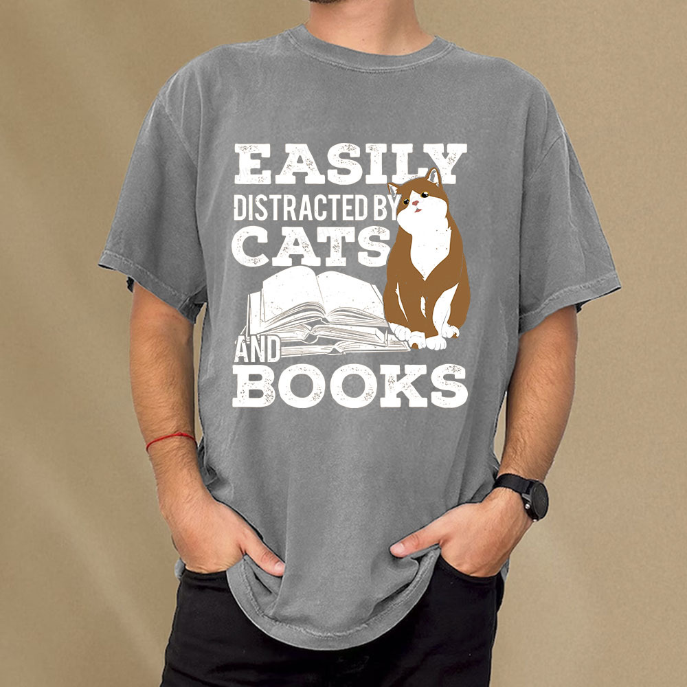 Pagewings Easily Distracted By Cats And Books All Year Unisex Washed T-shirt